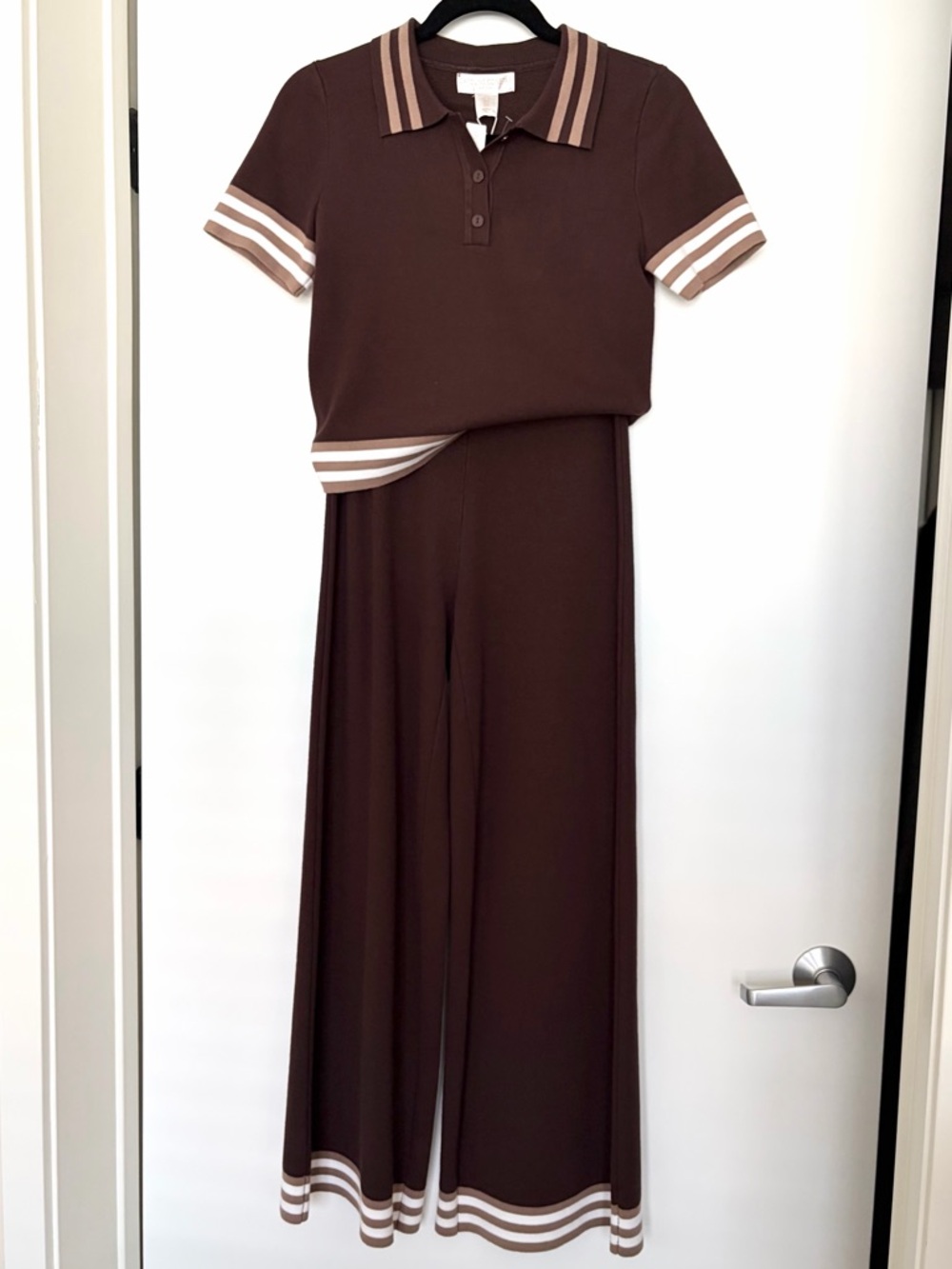 Caroline Constas Knit Polo Top & Wide Leg Pants Set NWT Brown Size S